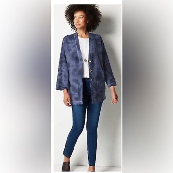 PureJill Button-down cardigan, front pockets, blue oversize 100% cotton beach XS - Picture 1 of 5